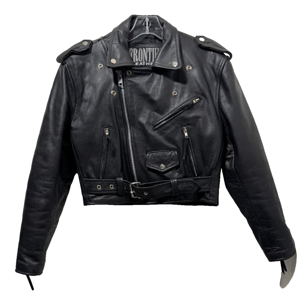 Vintage Womens Frontier Black Leather Moto Jacket Biker Motorcycle Sz M Belted